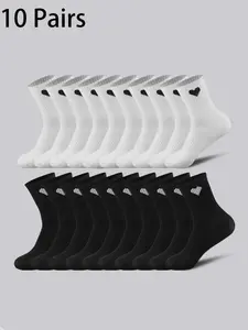 10 Pairs Women's Heart Pattern Mid-Calf Socks, Comfortable Soft Casual Fashion Trendy Breathable Sweat Absorbent, Suitable for Daily Wear Sports Streetwear