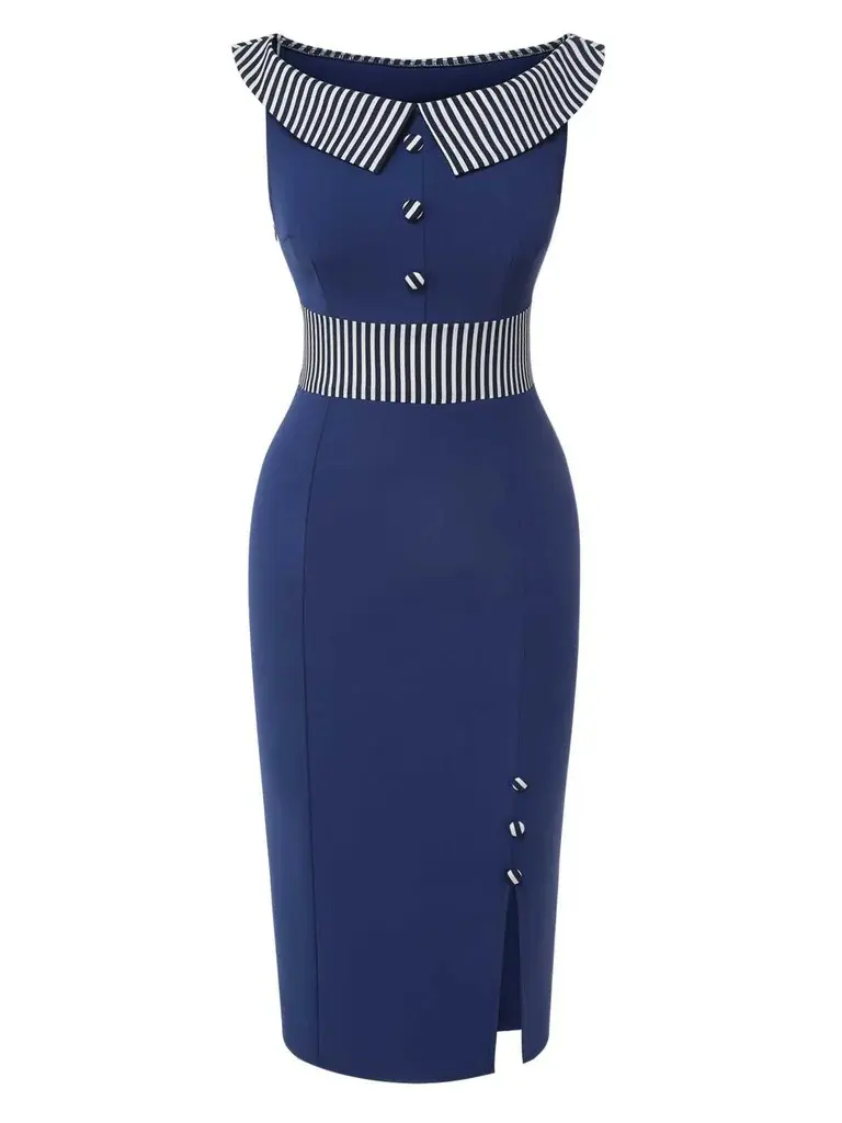 RETROSTAGE Women's 1960s Vintage Striped Buttoned Dress - Chic, Elegant  Casual Wear, Sleeveless, Navy Blue, Slim Fit, Retro Collar, High Waist,  Below Knee Length, Office Formal Dress - TikTok Shop