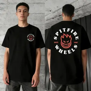 Men's Spitfire Pattern Fitted t shirt, Skate Culture Print, Kangaroo Pocket, Casual Streetwear, All Seasons Comfort