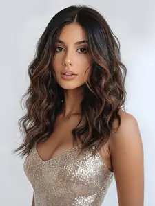 Dark Wig with Highlight, Medium Length Wigs for Women, Middle Part Synthetic Hair, Mixed Wavy Highlights, Natural Hair for Daily Party (16 Inch)