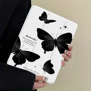 Minimalist Black Butterfly Tablet Case, Elegant Aesthetic Protective Cover, Auto Wake/Sleep, Anti-Drop & Scratch Resistant, Clear Hard Back, Fits 7.9/8.3/10.2/10.5/10.9/11/12.9/13 Inch, Perfect Gift