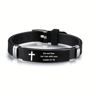 Stainless Steel Bible Verse Bracelet for Men, "Do Not Fear, For I Am with You" Isaiah 41:10, Adjustable Black Strap, Fashionable Men'S Religious Jewelry