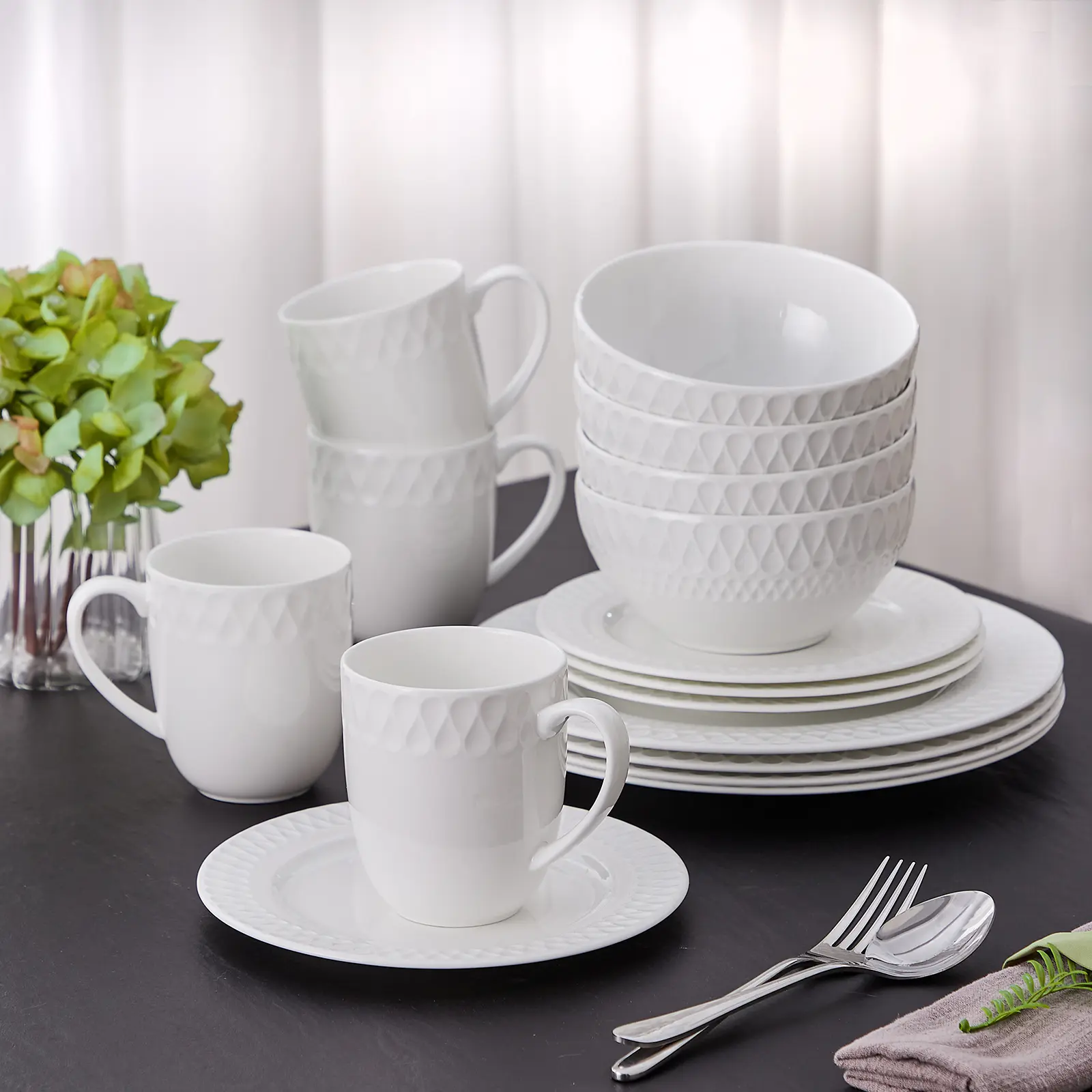 【Summer Deal】Silvanest Minimalist Aesthetic 16pc White Dish Set | Elegant Teardrop Textured Dinnerware for 4 | High-Quality Stoneware | Perfect Apartment & New Home Essentials