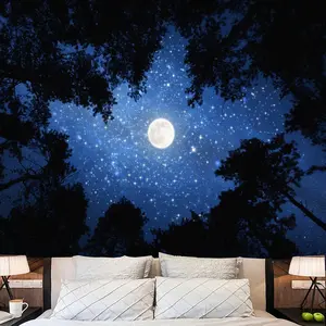Forest Galaxy Starry Tapestry Blue Space Night Sky Stars Moon Ceiling Tapestry Nature Trees Tapestries Aesthetic Wall Hanging for Bedroom Dorm Living Room Office Decor 60x50 Inch