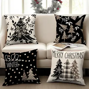 4pcs vintage black Christmas pillowcases, checkered bow Christmas tree design, Merry Christmas checkered Christmas tree pattern cushion cover, single-sided printing, winter holiday decoration, 18x18 inches, Christmas decoration (no pillow core)