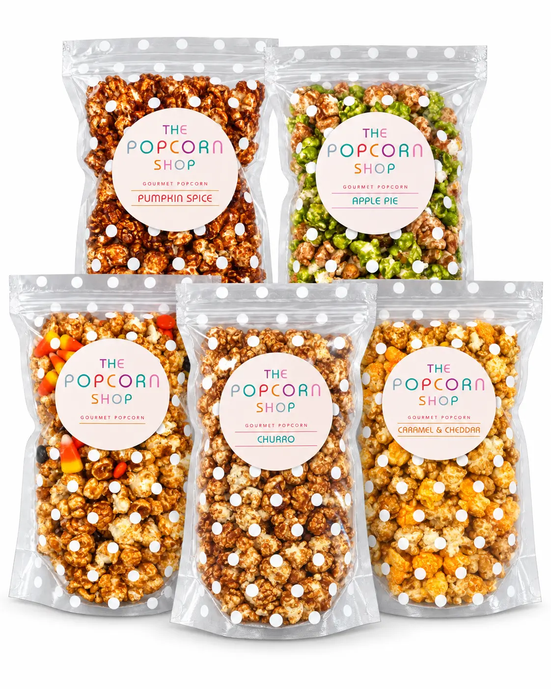 Fall Flavored 5 Pack Popcorn Bundle: Pumpkin Spice, Apple Pie, Caramel/Cheddar, Churro, Fall Mix