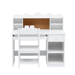 Kids Study Desk and Chair Set, White Kids Study Table and Adjustable Chair Set with Hutch, Cork Board, Keyboard Tray, 2 Pen Holders, Children School Table Student Desk Computer Desk