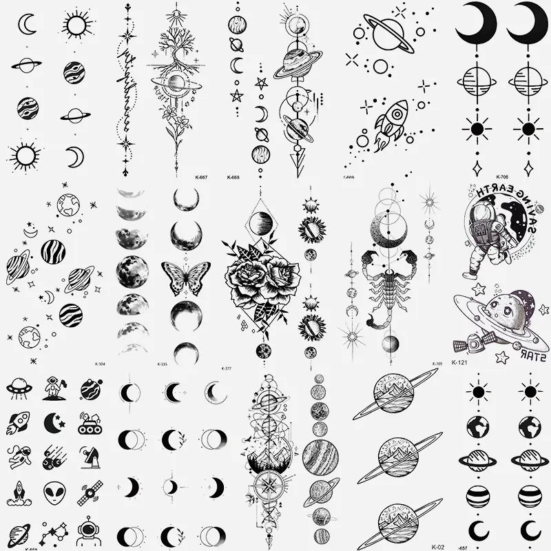 15 Temporary Planet Tattoo Stickers Set, Sticker Tattoos, Waterproof Moon Floral Butterfly Astronaut Designs, Unisex Body Art for Cosplay & Fashion Accessories