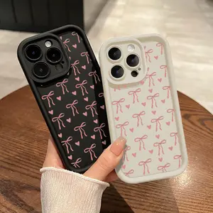 Pink Heart Bow Pattern TPU Phone Case for iPhone 17 Pro Max Plus Air/ 16 15 14 Pro Max 13 12 11 XR XS Plus Shockproof Drop Protection Rugged Durable Silicone Cover Cellphone Protective Protector Casing