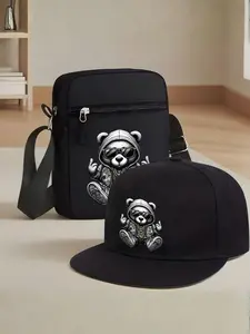 Hiphop Bear Print Unisex Baseball Cap and Set, Street Fashion Outdoor Sports Hat and Shoulder Bag, Adjustable, Daily Wear Gift, Stylish Crossbody Bag, Casual Crossbody Bag