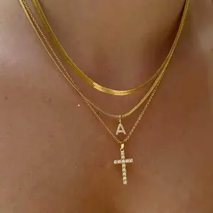 Layered Gold Necklaces for Women  Tiny Initial Necklaces 14K Gold Plated Stackable Necklaces with CZ Cross Design Safety Pin Necklace Chains cuban link autumn rapper Centenario Pendant figaro men stack lewis hamilton jewelry claddagh ring cute gifts girlf