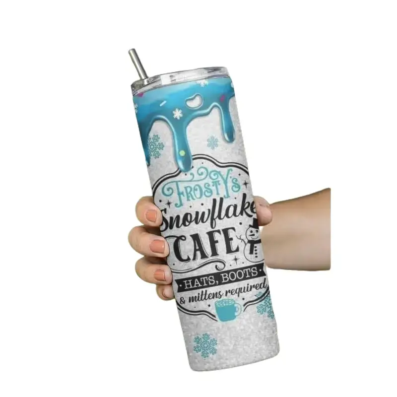 Frost's Snowflake Cafe Christmas Insulated Tumbler, 20 oz Reusable Travel Drinkware for Water & Smoothies, Iced Coffee Cup with Lid & Stainless Steel Straw, Skinny Portable Flask Mug, 20 Oz Tumbler, Stainless Steel Straws