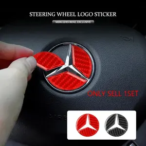 Red And Black Carbon Fiber Pattern Steering Wheel Logo Car Stickers For Mercedes Benz A C E Class GLA GLC GLE Scratch Resistant Fade Proof Low Cost Sporty Interior Upgrade Two Colors Available