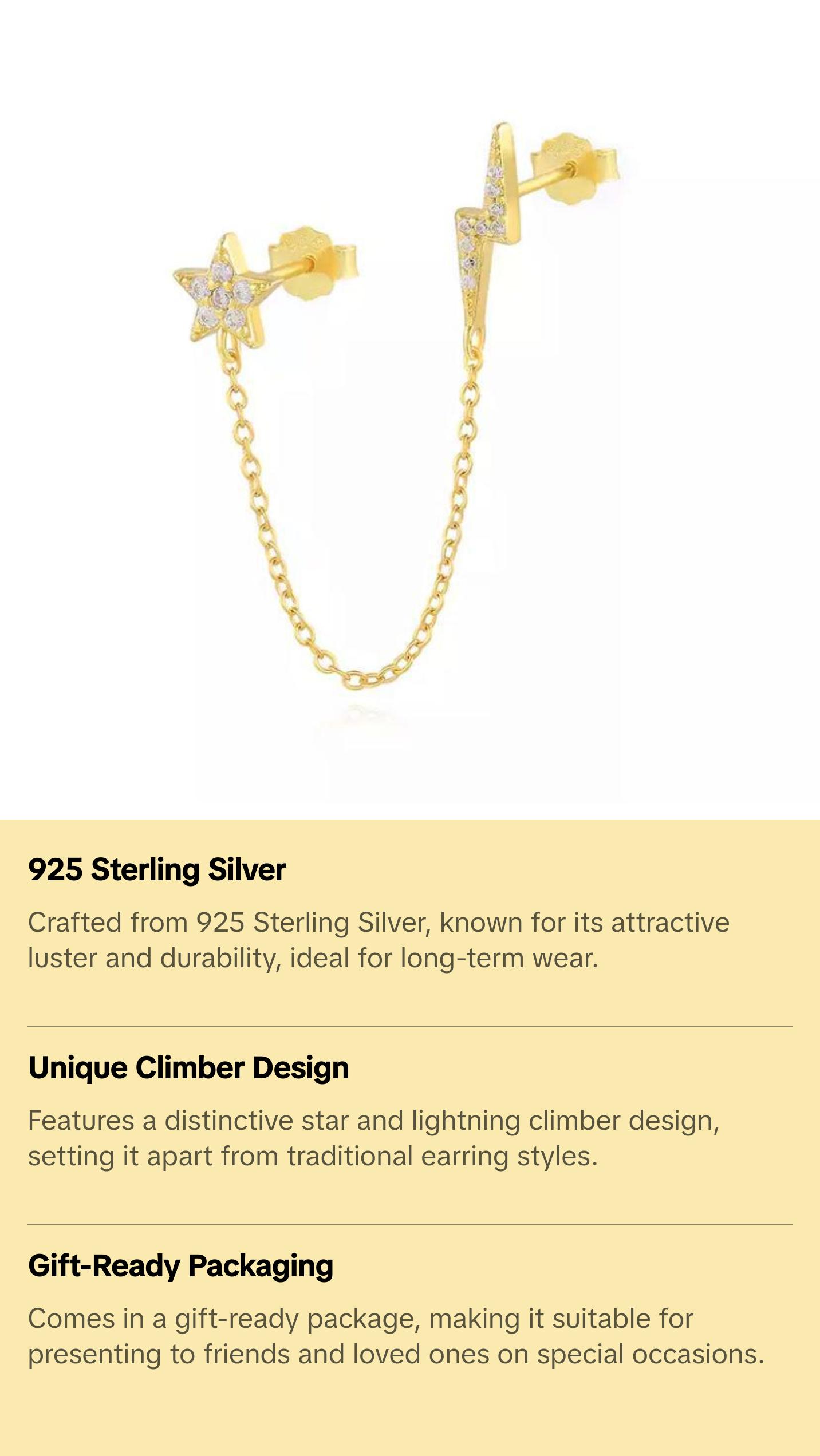 Star and Lightning Climber Earrings with Star Design and Chain Link Finish