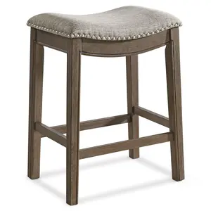 ROME + OAK Parker Backless Saddle Kitchen Counter Stool 19.7"W x 14.2"D x 26"H Walnut Oak Natural Wood Grey Cream Upholstery French Country Wooden Chairs barstool