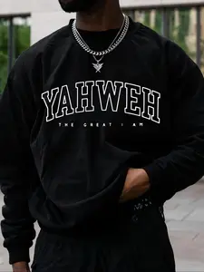 Men's Casual Loose-Fit Letter Print Round Neck Sweatshirt, Long Sleeve Thick Fabric Street Style Pullover for Fall & Winter