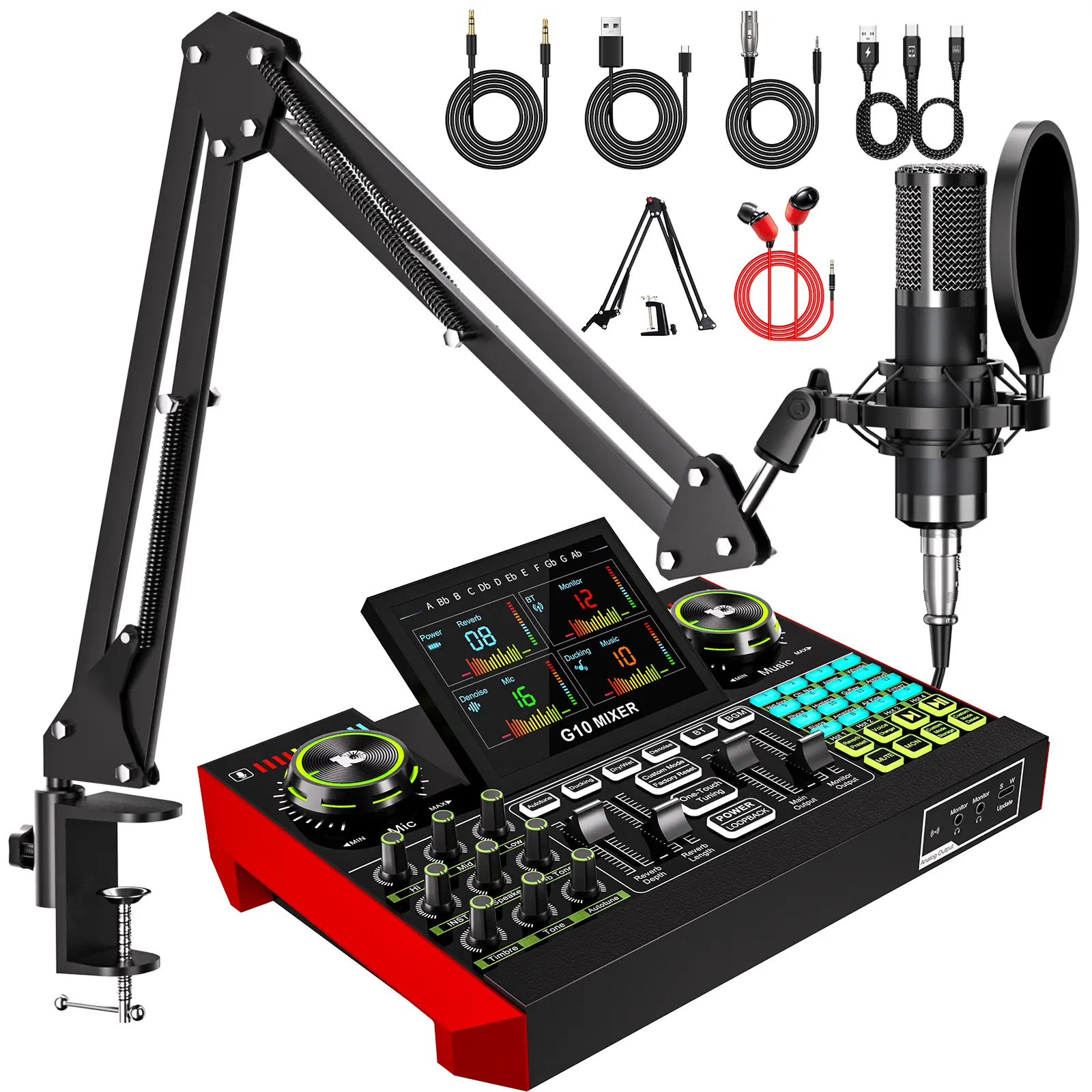 Tenlamp G10-P15 Podcast Live Streaming Kit with DSP Noise Reduction, 12 Customizable Sound Effects and Bluetooth. Compatible with PC, Phones, Speakers and Instruments for Streaming, Audio Recording, Gaming and Podcasts.