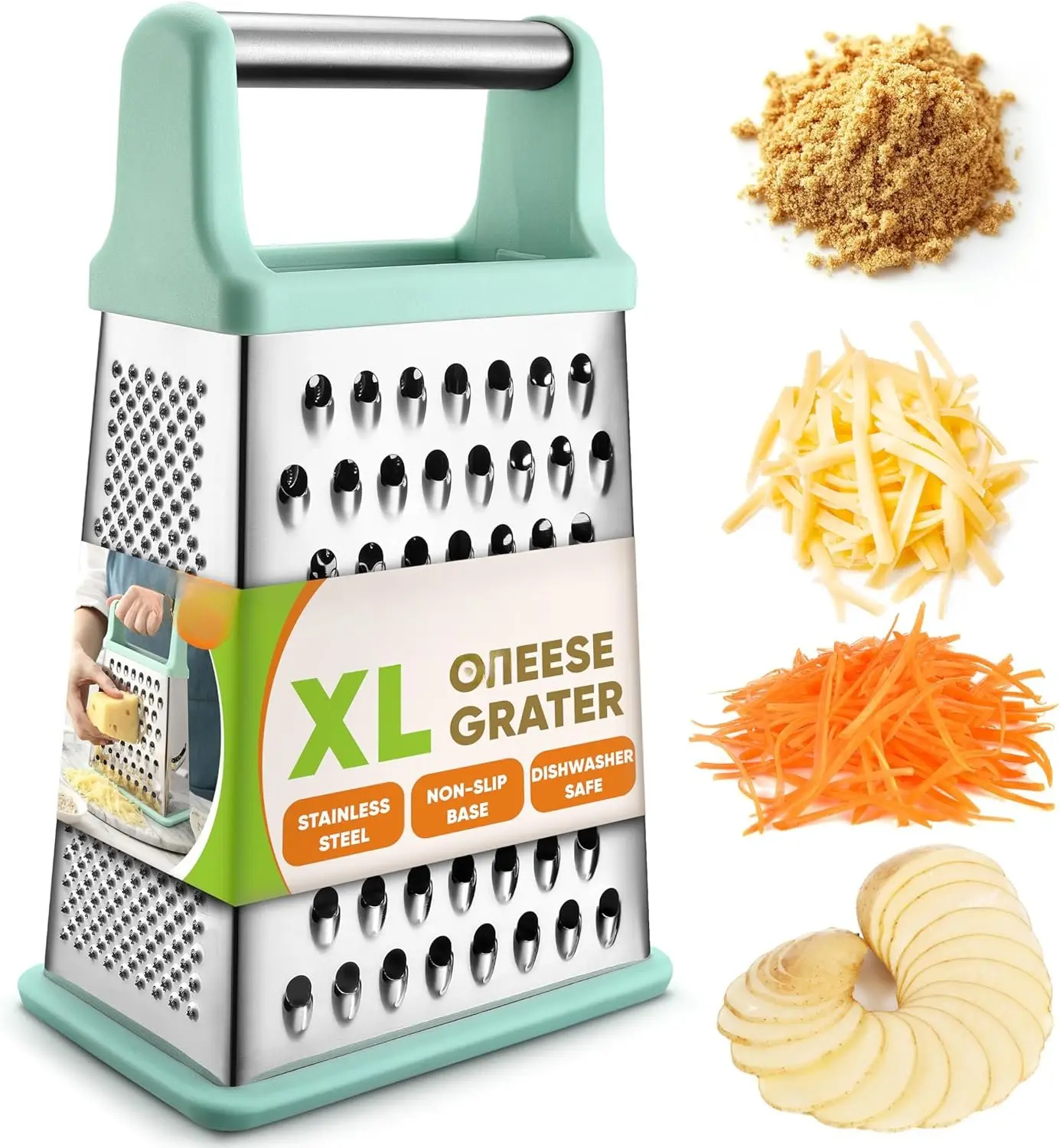 Professional Cheese Grater - Stainless Steel Box Grater for Kitchen, XL Size -  4 Sided Shredder for Parmesan Cheese, Vegetables, Ginger - Dishwasher Safe - Mint