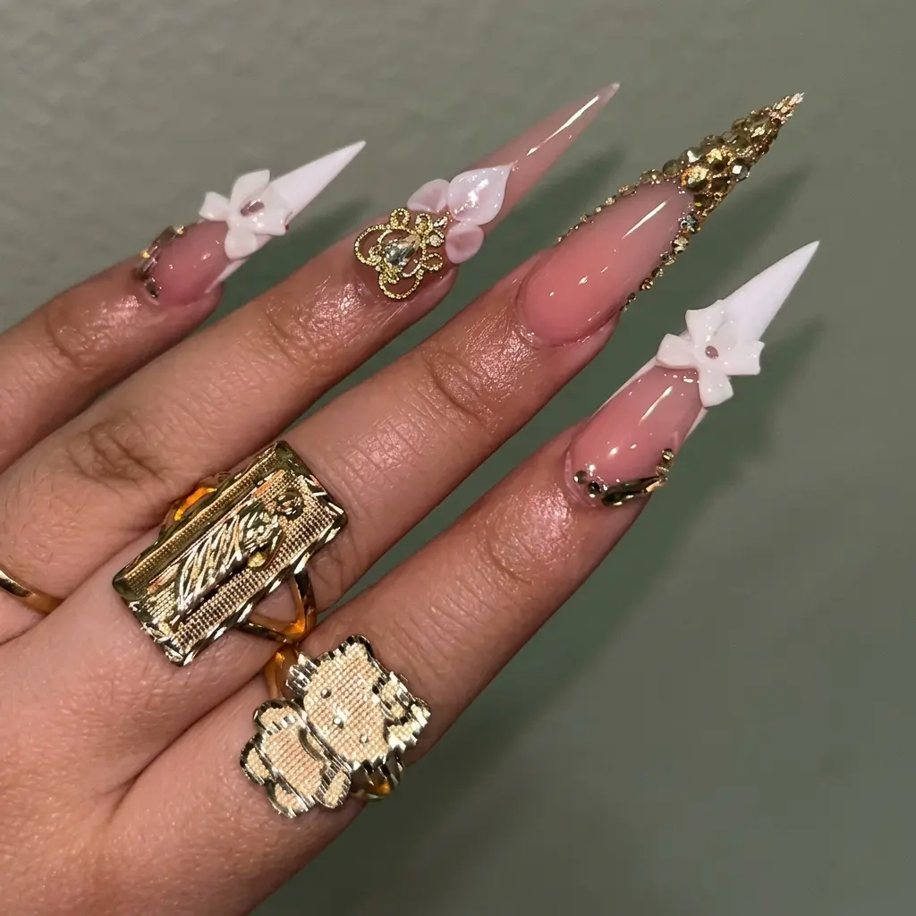 (MTO) Handmade Reusable BubbleNailArt Pink White 3D Flower French Tip Long Stiletto Press-On Nails with Gold Charm Crystal, Fashion Hand Accessories for Everyday, Daily, Evening Wear - Check Size Guide