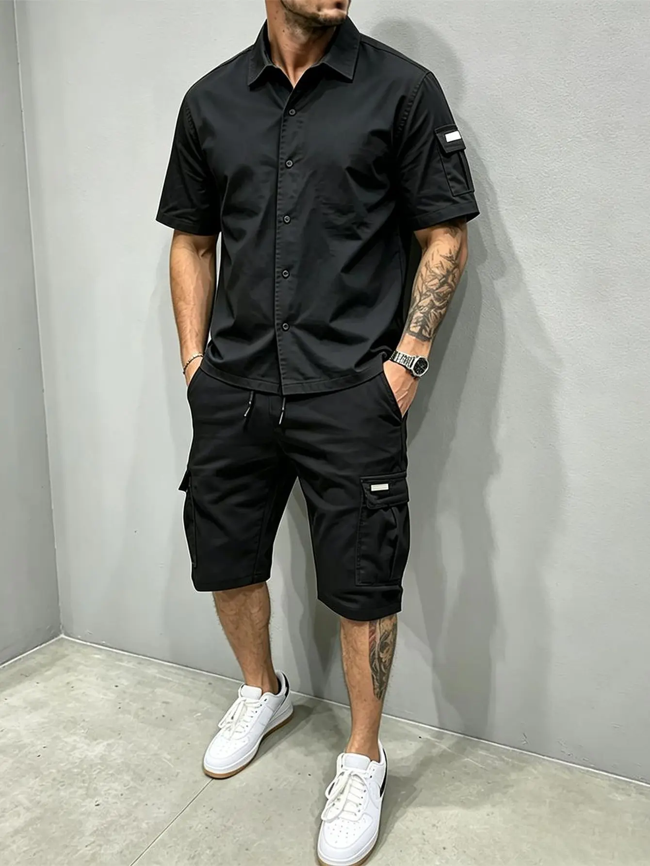 Men's 2-Piece Casual Set Short Sleeve Button Down Shirt + Cargo Shorts Matching Outfit Streetwear Black Sneaker