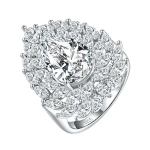 Moissanite 4.0 ct D/VVS1 Statement Ring — Pear-Cut Solitaire Design, 18 K White-Gold Vermeil on Solid 925 Silver