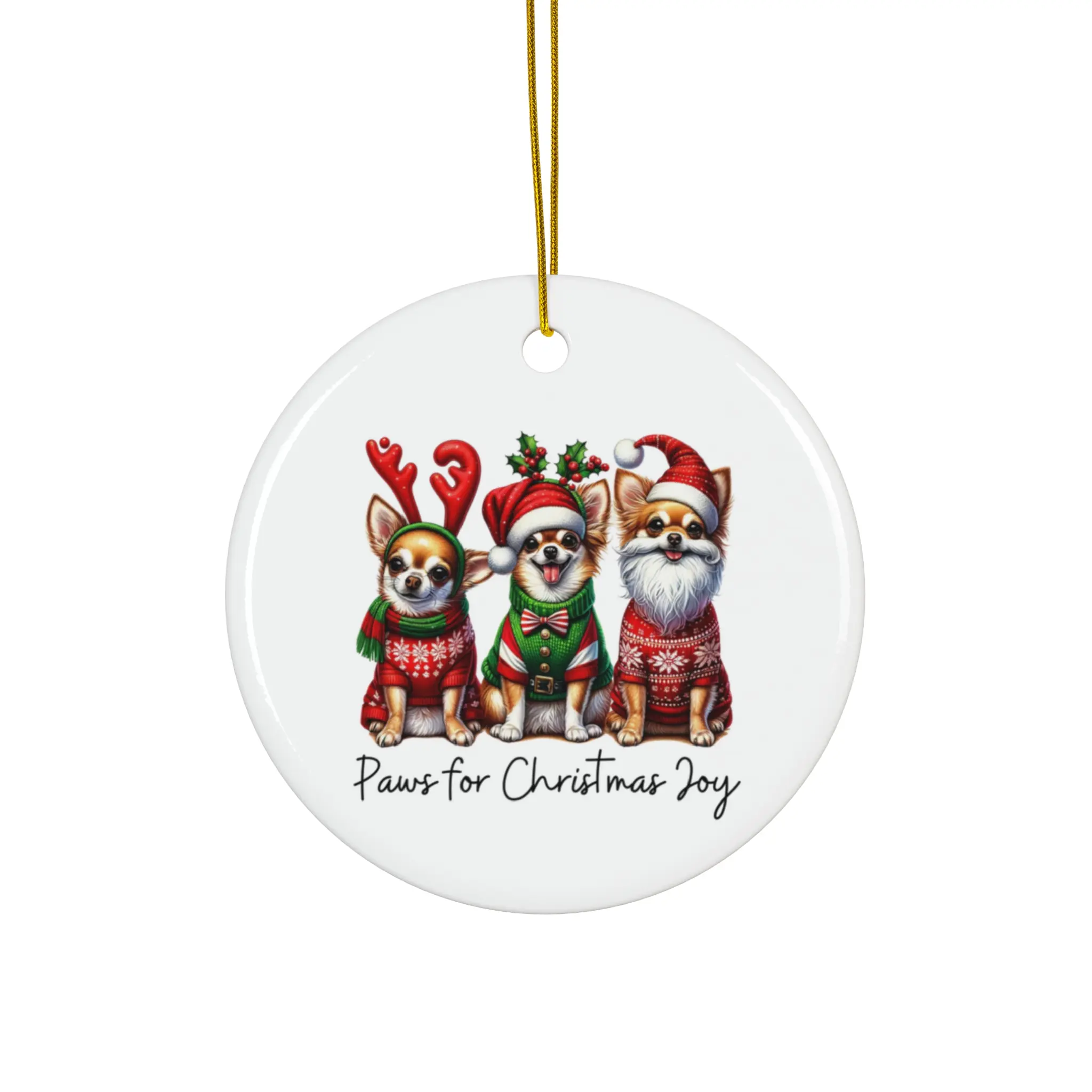 Ceramic Ornament, Christmas Chihuahua, Paws for Joy, Holiday Decoration, Christmas Gift, Custom Pet Names, Dog Lover Ornament, Christmas Tree Decoration Print Glossy