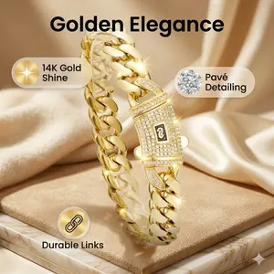 14K Gold Plated Iced Out Cuban Link Bracelet for Men Women, Lab Diamond Pavé Box Clasp Hip Hop Jewelry, Heavy Bling Streetwear Bracelet, 14K Gold Shine Luxury Gift, Handcrafted Durable Links