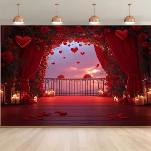 1pc Valentine Photography Backdrop - Romantic Red Hearts Roses Sunset Sky Design No Electricity Needed Durable Fade Resistant Fabric for Studio Home Outdoor Party