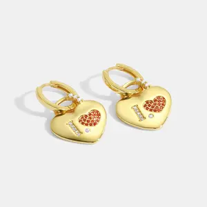 Copper Gold-plated Lock Clasp Earrings Creative Personalized Double Heart-shaped Dangle Earrings for Women with Zircon Peach Heart Earrings European and American Ins Style