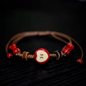 Handmade Apple Ceramic Bracelet Adjustable Woven Cord Cute Cartoon Style Jewelry for Gifts