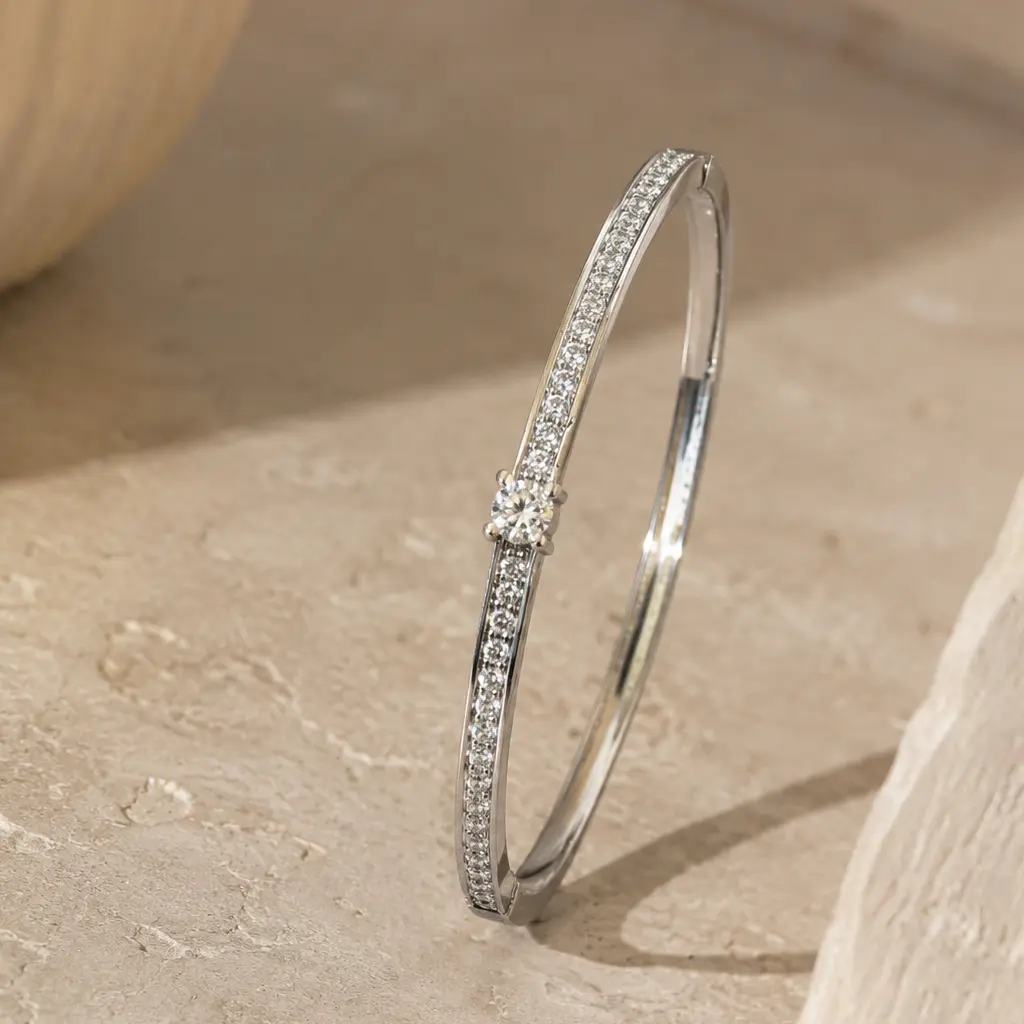 Silver-Tone Slim CZ Bangle Bracelet, Center Sparkle, Quiet Luxury