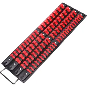 80- Portable Socket Organizer Tray, 1/4-Inch, 3/8-Inch, 1/2-Inch,Heavy Duty Socket Rail, Black Rails with Red Clips