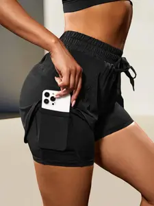 Women's Solid Color 2 in 1 Double Layer Drawstring Waist Sports Shorts, Loose Comfortable Breathable Quick Drying Pocket Design Shorts for Yoga Gym Workout Running, Lightweight Breathable Shorts