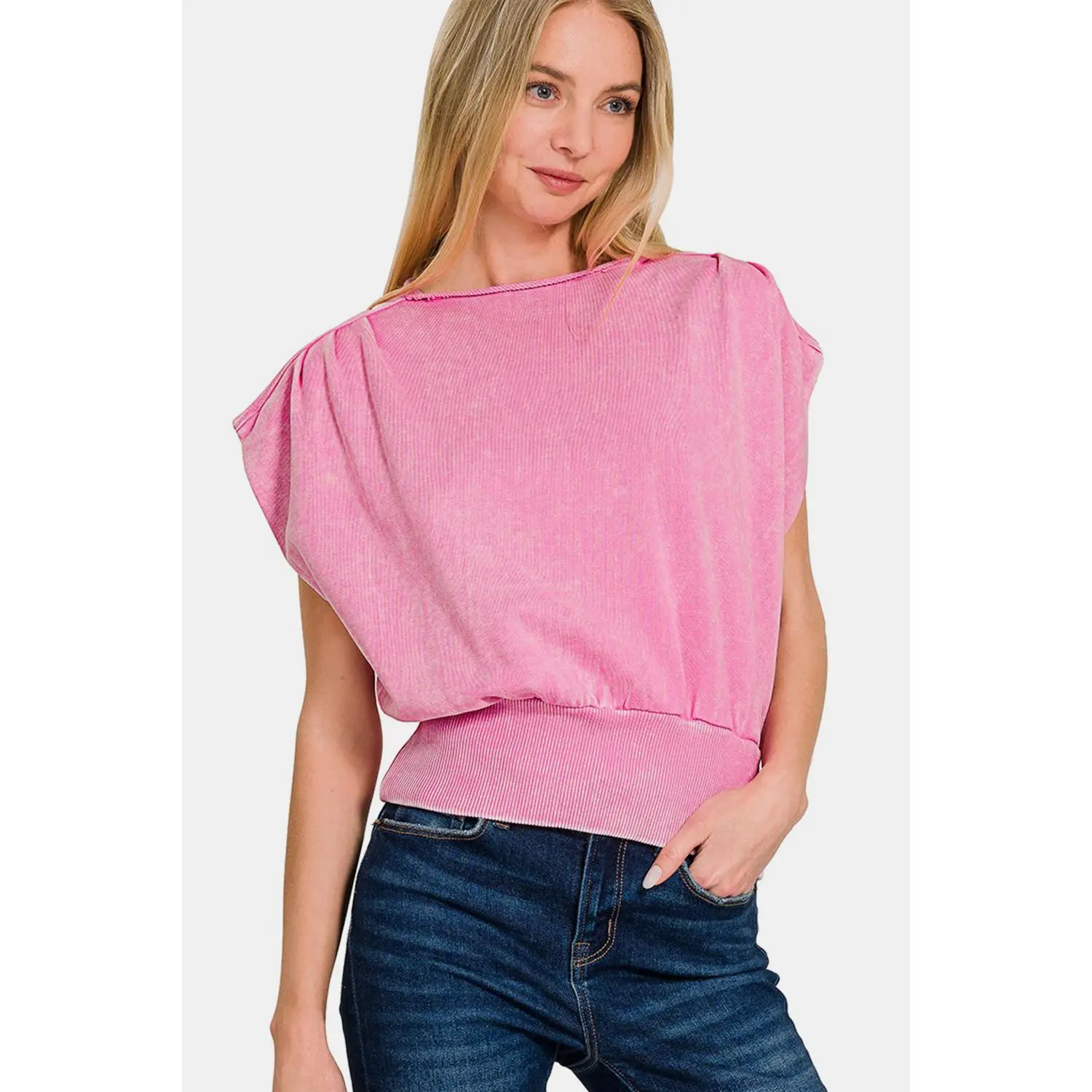 Zenana Washed Boat Neck Bottom Banded Dolman Sleeve Top