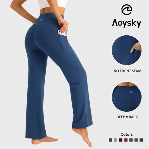 Aoysky Women's Buttery Soft No-Front-Seam High-Waisted Fitted Poly-Spandex Straight-Leg Leggings - Multi-Pocket Carry, High-Stretch Waist, Yoga-Ready Flex, Activewear with Pockets, Yoga Pants for Women, Minimal Style Gym Workout Apparel