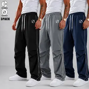 Mens 3 Pack Side Binding Pants Loose Straight Leg Track Pants Elastic Drawstring Waist Streetwear Menswear Y2K Outfit Check Athletic Lounge Trousers for Daily Wear Gym Travel Outdoor Summer Outfits Casual Sports Bottoms with Side Line Detail Clean Hem Fit