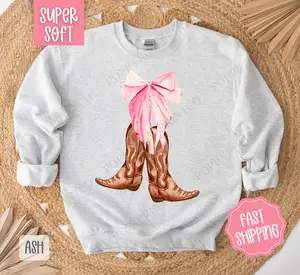 Coquette Cowgirl Boots Sweatshirt, Cowgirl Bow Crewneck, Country Music Sweater, Coquette Western Sweatshirt
