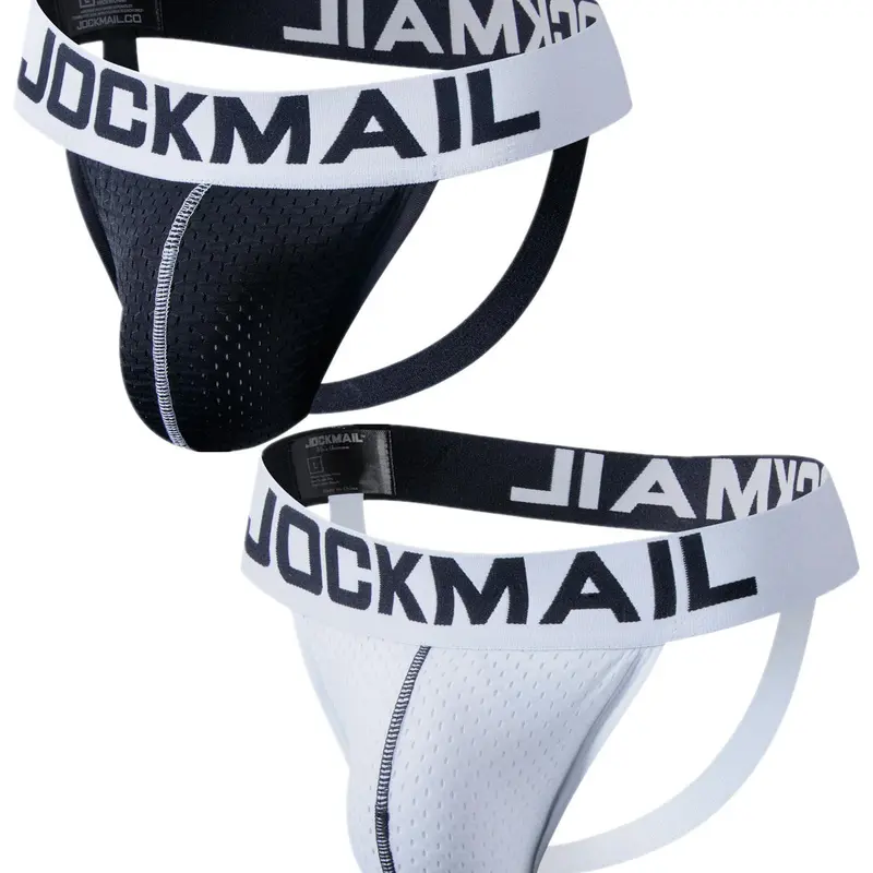 LGBTQ+ Men's Letter Print Mesh Nylon Knitted Jockstrap, Fitted Breathable Stretch Sport Athletic Underwear for Daily Wear & All Seasons