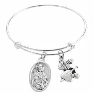 Sacred Heart of Jesus Immaculate Heart of Mary Bracelet Expandable Charm Bangle Catholic Religious Jewelry Gift for Women