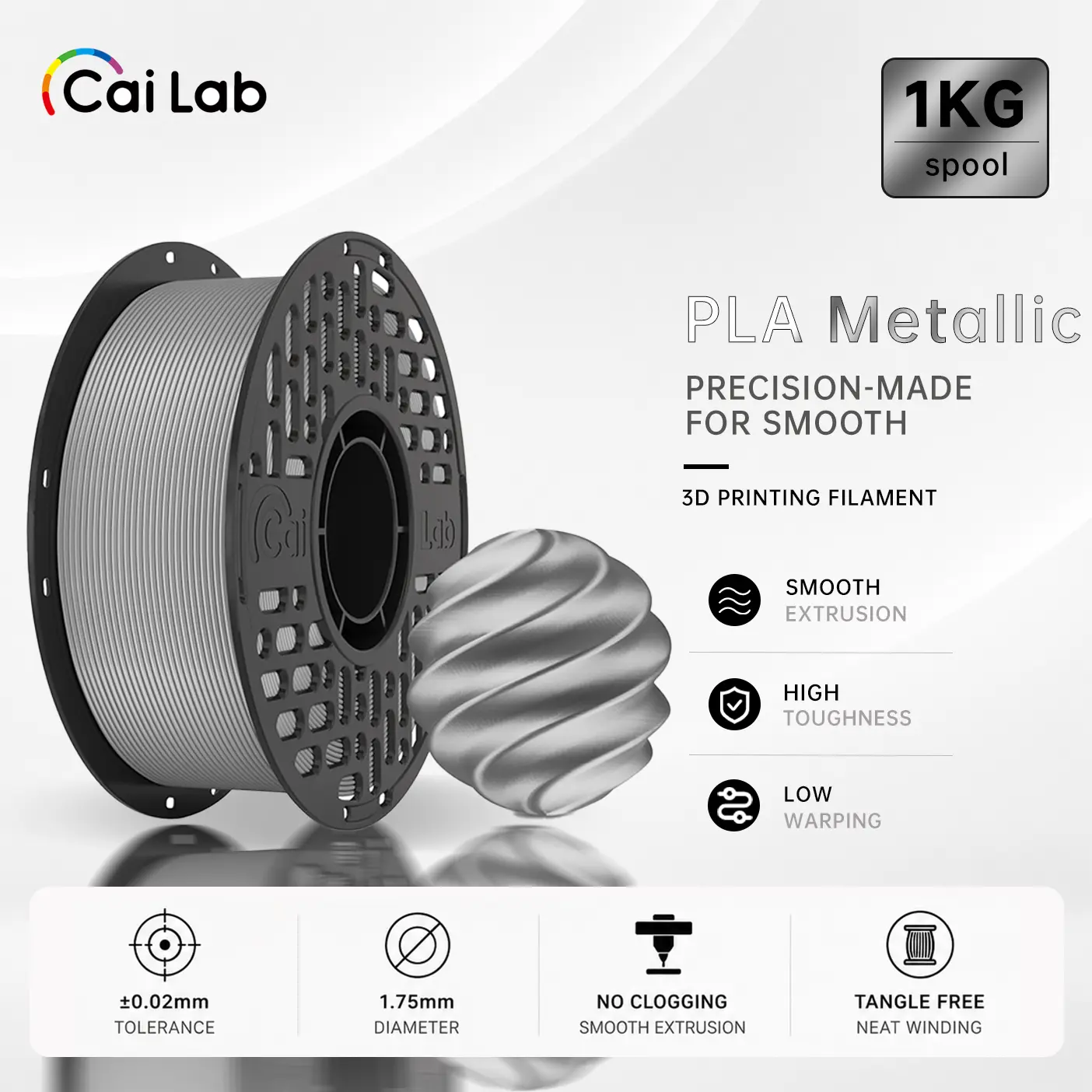Cailab PLA Metallic 3D Printing Filament, 1.75mm, 1KG Spool, Metal Shine Finish, Smooth Flow, Low Warp, No Clogging, Easy to Print, High Precision for FDM 3D Printers, Models, Crafts