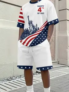 Men's 3D Digital Printed 2-Piece Set, Independence Declaration Landmark Series, 2Pcs, Trendy Fashion Outfit, Retro Casual Two-Piece Suit, Vacation-Style Trendy Wear, Breathable Sports Casual Style, Perfect Holiday Gift for Men