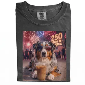 Australian Shepherd Drinking Iced Coffee T-Shirt, Patriotic Dog Lover Graphic Tee, USA 250th Anniversary Design, Unisex Fit Design, Gift for Dog Lovers