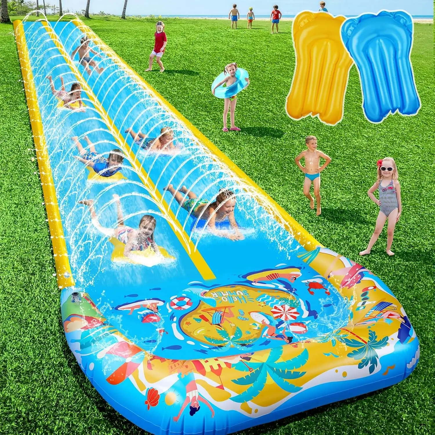 40FT Extra Long Giant Double Inflatable Water Slip and Slide with 2 Bodyboards & Crash Pad, Heavy Duty Backyard Lawn Water Slide Toy for Kids Adults, Perfect for Summer Outdoor Party Games