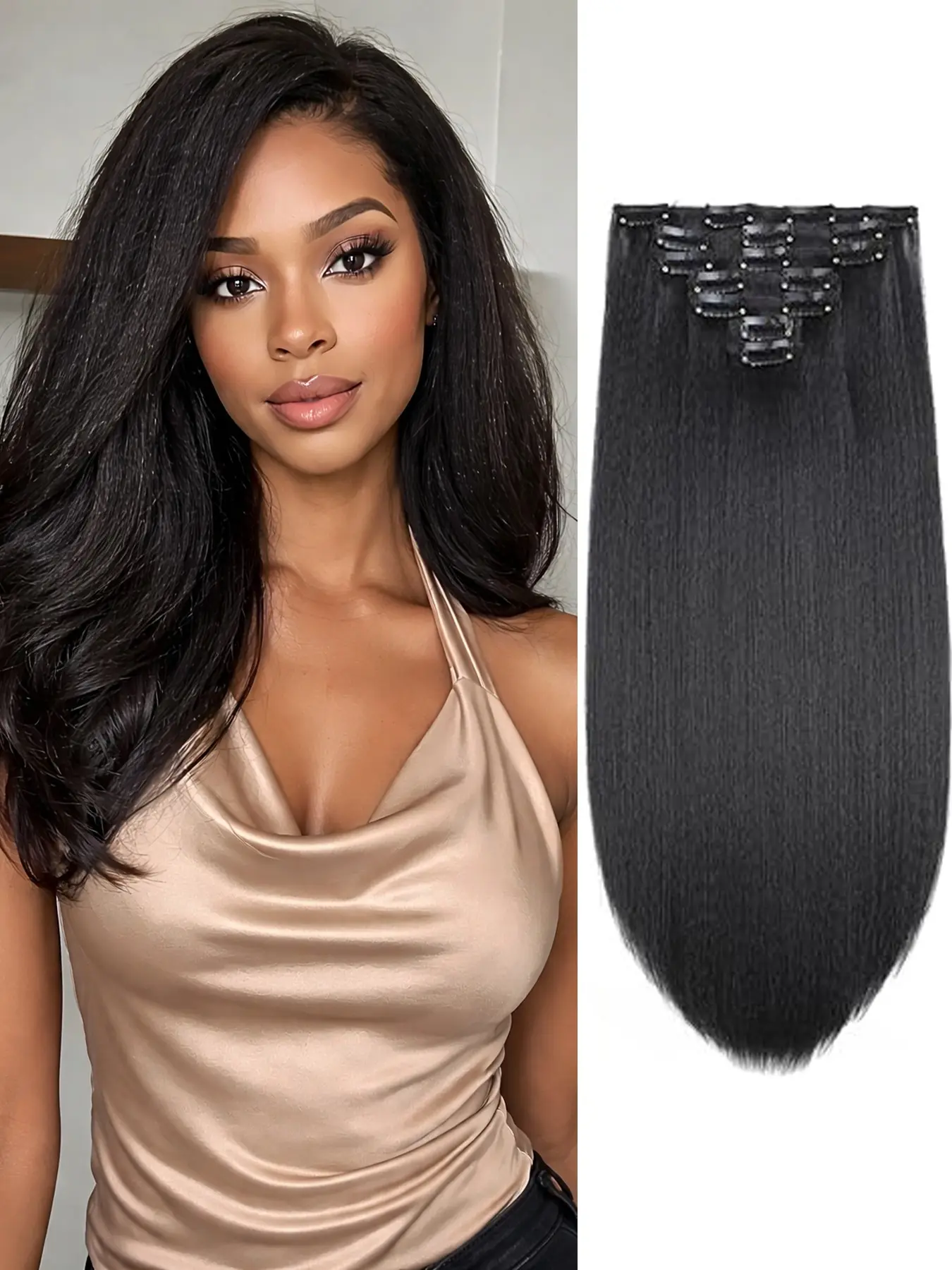14 Inch Straight Clip in Hair Extensions - 7 PCs 124g Seamless Synthetic Hair Piece for Black Women Hairpieces