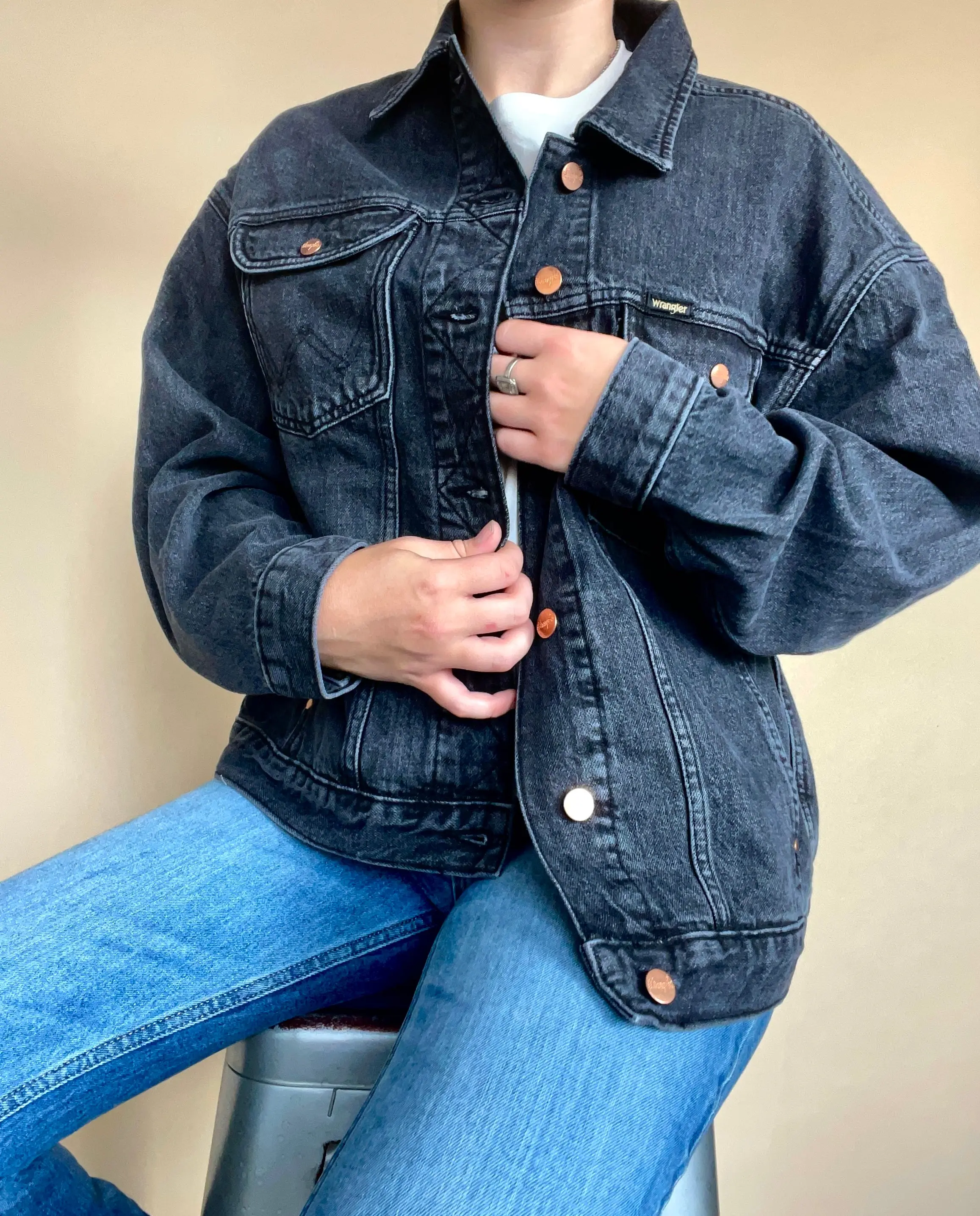 Women's Oversized 100% Cotton Trucker Jacket in Granite, Solid Long Sleeve Button-Up Casual Outerwear Tops
