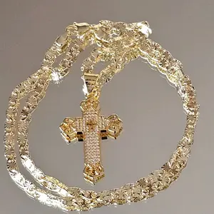 N13-1.3 Inches Long Cross Pendant & 4mm 23.5 Inch Diamond Style Chain Copper Gold Plated Unisex Casual Jewelry not water resistant
