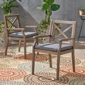 Grey Solid Wood Back-Friendly Outdoor Dining Chair, 21.25x22.50x35.50 in Classic Wooden Armrest Patio Chair with Water-Resistant Cushion, Ergonomic Seat for Garden Backyard, Back-Friendly Dining Chairs