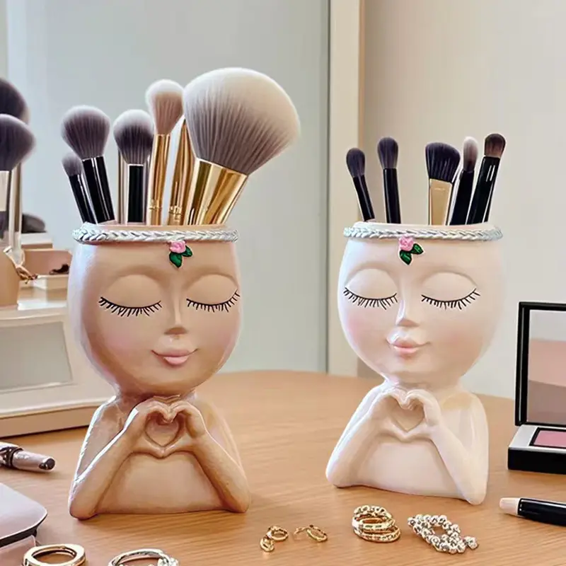 Little Girl Pen Holder High-Grade Storage Ornament for Living Room Office & Desk with Heart Design and Makeup Brush Slots