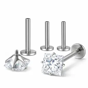 Princess Cut CZ 5mm Solitaire Flat Back Stud Earrings Titanium Body Piercings by Ginger Lyne 2 Sets Post 6mm 8mm