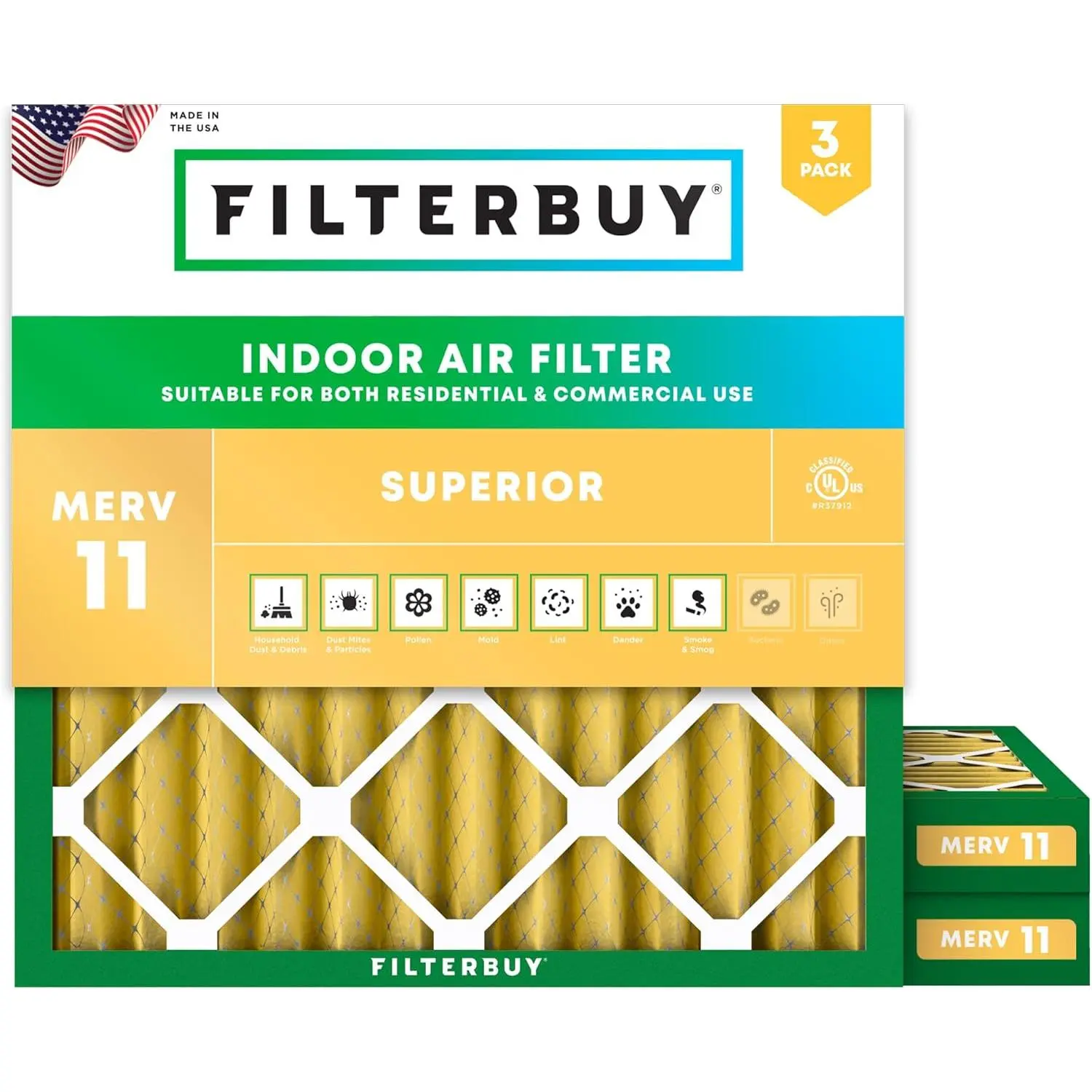 Filterbuy Replacement Air Filter (3-Pack, 17x17x2 In Actual Size) - Polypropylene, Electrostatically Charged, Eco-Friendly MERV 11 Allergen Defense for HVAC AC Furnace Appliances